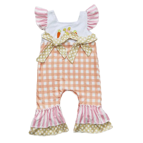 baby girl boho romper with peach gingham pattern, pink striped ruffle sleeves, and polka dot bows