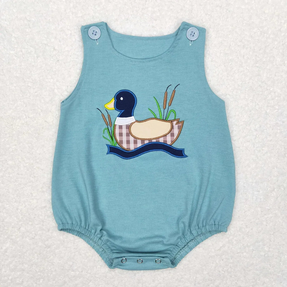 blue boutique toddler romper with duck applique and button shoulder straps for infants