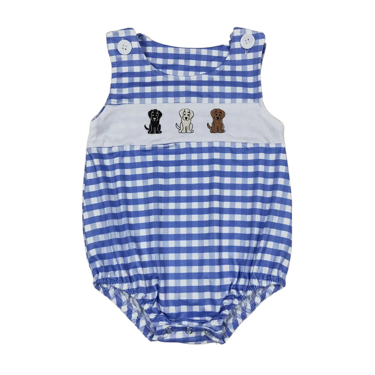 Blue and white gingham boutique toddler rompers with embroidered puppies, sleeveless for toddlers