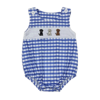 Blue and white gingham boutique toddler rompers with embroidered puppies, sleeveless for toddlers