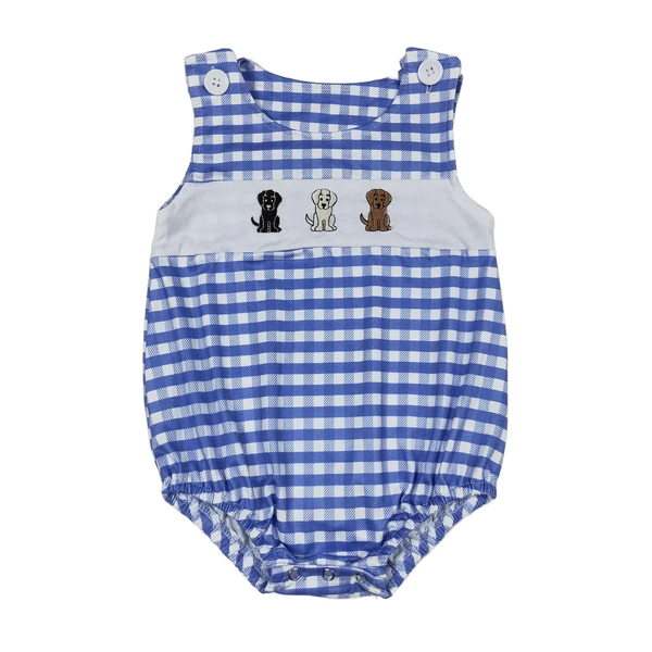Blue and white gingham boutique toddler rompers with embroidered puppies, sleeveless for toddlers