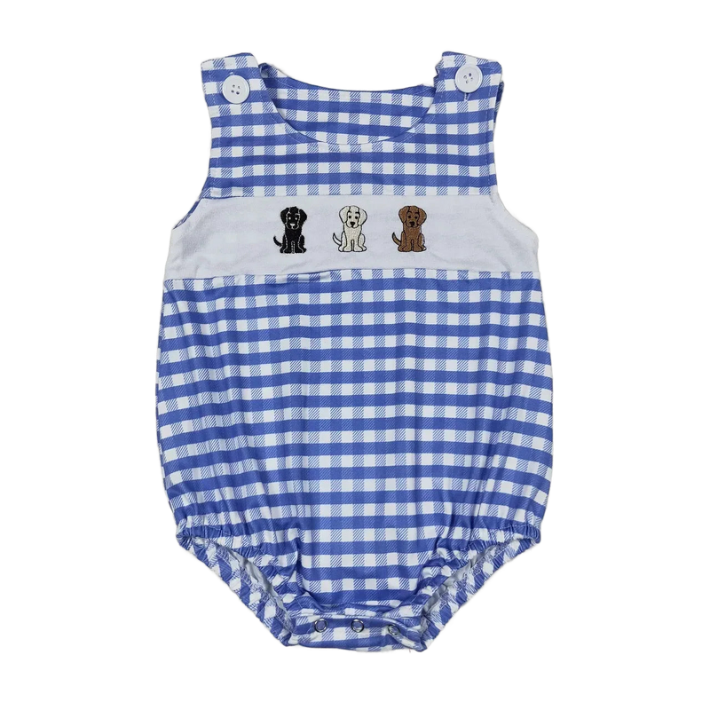 Blue and white gingham boutique toddler rompers with embroidered puppies, sleeveless for toddlers