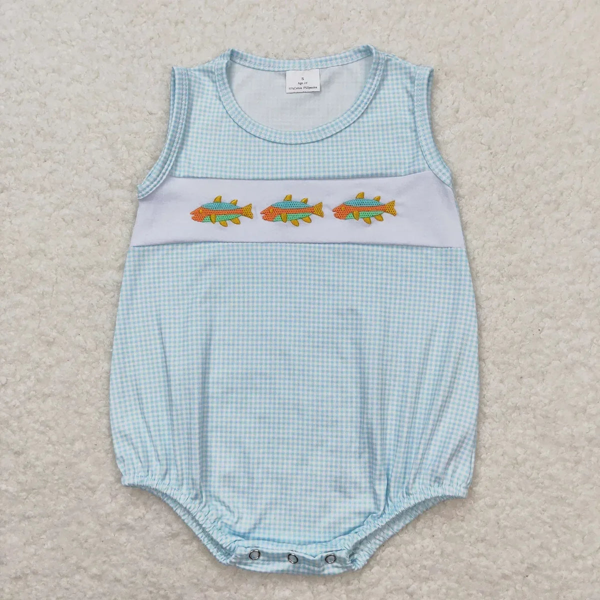 blue gingham sleeveless boutique toddler rompers with fish embroidery for babies
