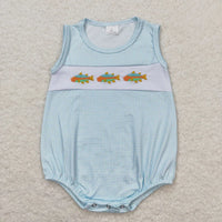 blue gingham sleeveless boutique toddler rompers with fish embroidery for babies