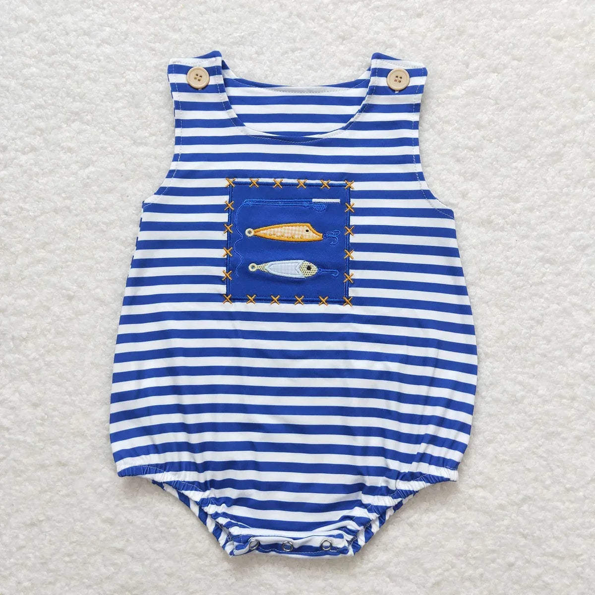 blue and white striped boutique toddler romper with fish applique and button straps