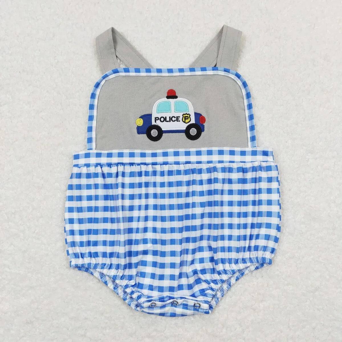 Blue and gray boutique toddler rompers with police car applique and blue gingham pattern
