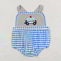 Blue and gray boutique toddler rompers with police car applique and blue gingham pattern