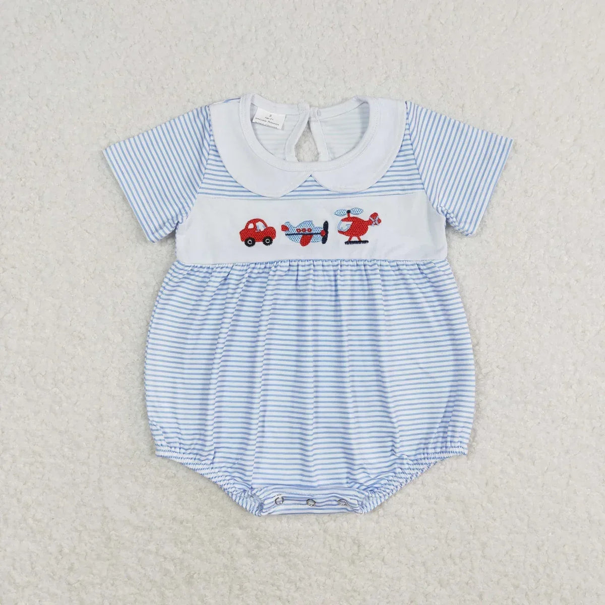 blue and white striped boutique toddler rompers with transportation embroidery and short sleeves