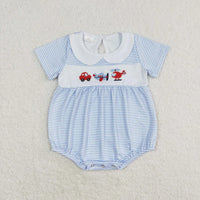 blue and white striped boutique toddler rompers with transportation embroidery and short sleeves