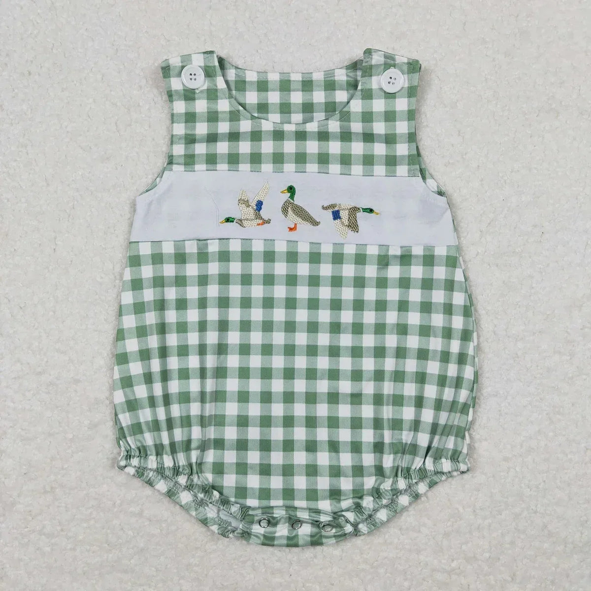 green and white check boutique toddler romper with embroidered ducks for babies