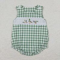green and white check boutique toddler romper with embroidered ducks for babies