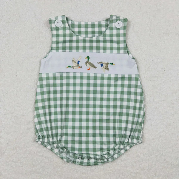 green and white check boutique toddler romper with embroidered ducks for babies