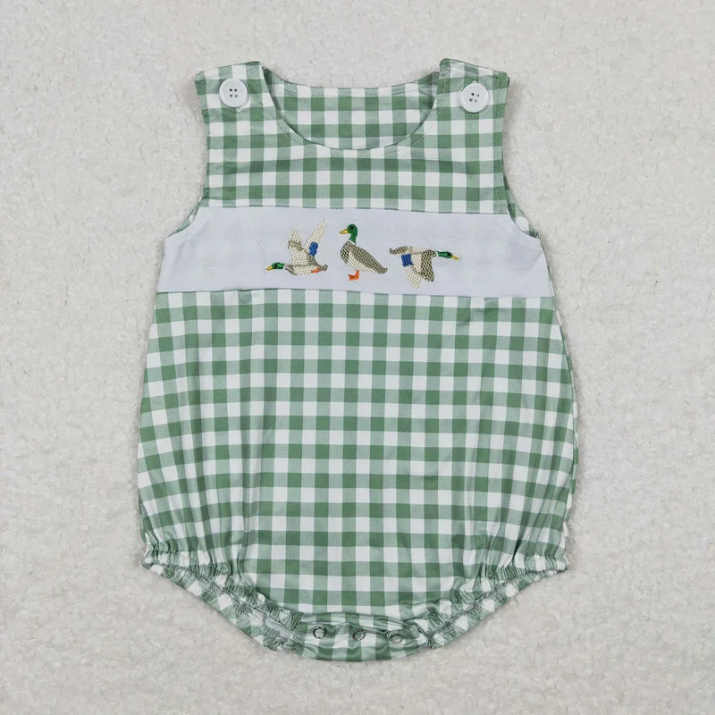 green and white check boutique toddler romper with embroidered ducks for babies