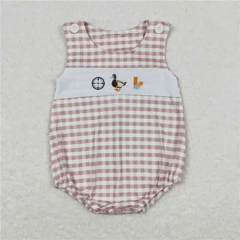 Pink and white check boutique toddler rompers with embroidered duck and button straps