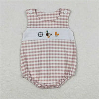 Pink and white check boutique toddler rompers with embroidered duck and button straps