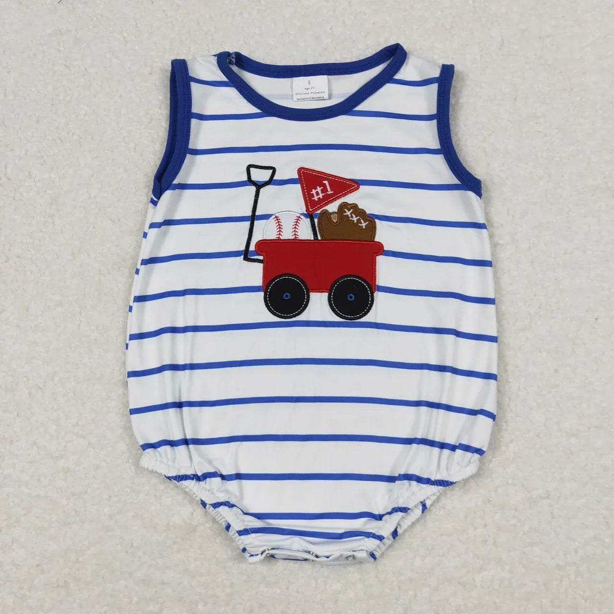 boys white and blue striped boutique toddler rompers with red wagon and sports applique sleeveless