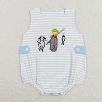 White and light blue striped boutique toddler rompers with fishing boy and dog applique for infants