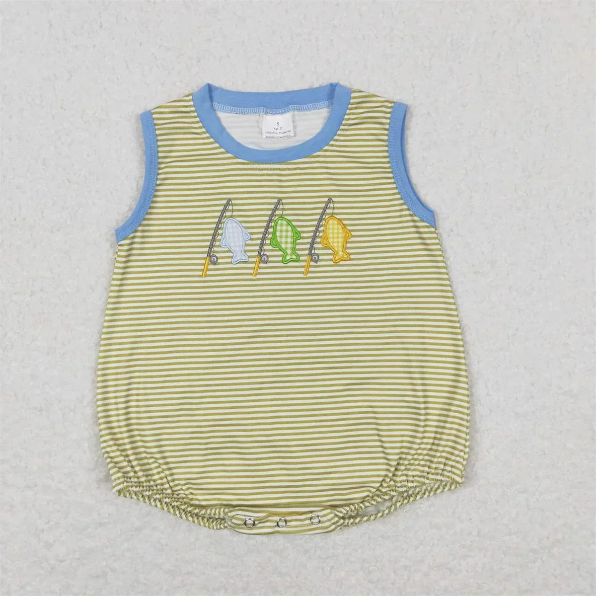 Yellow and blue striped sleeveless boutique toddler rompers with fish embroidery and snap closures