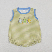 Yellow and blue striped sleeveless boutique toddler rompers with fish embroidery and snap closures