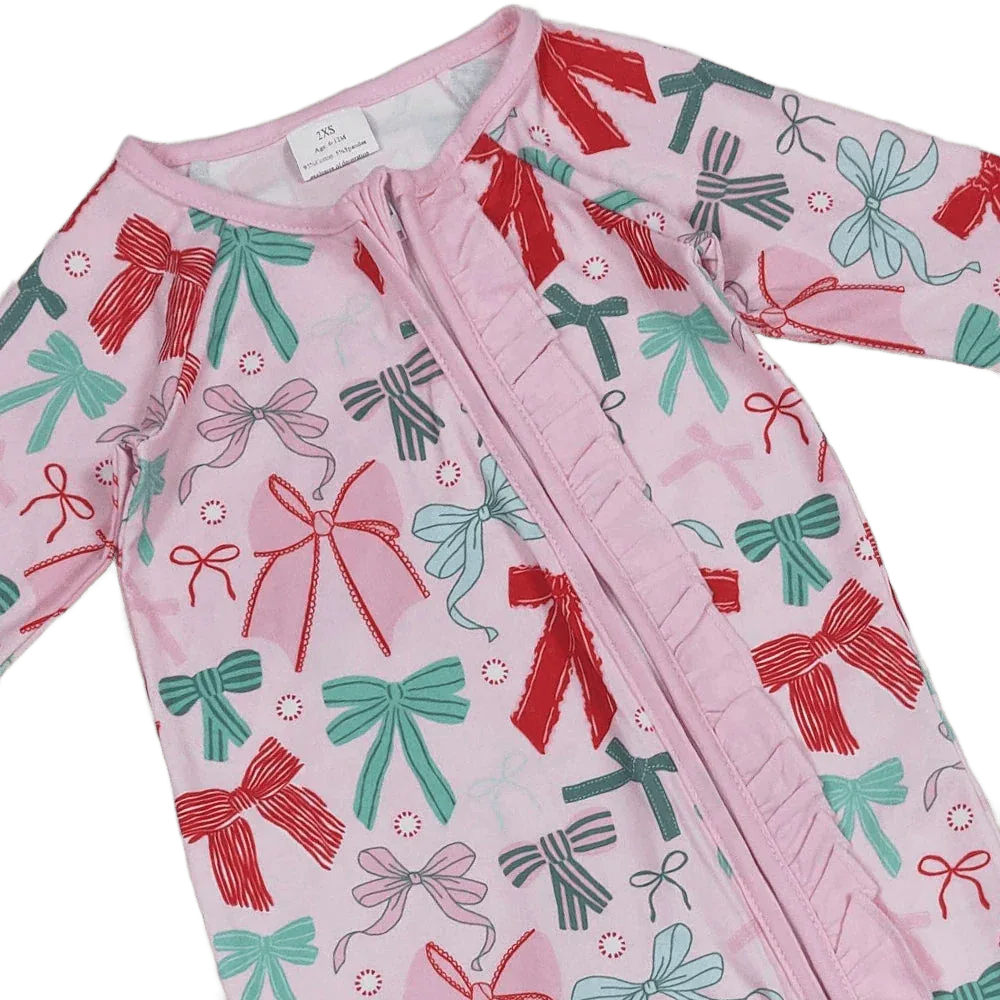 Bow Print Baby Footies Pink Cozy Cotton Sleeper - The Palm Beach Baby