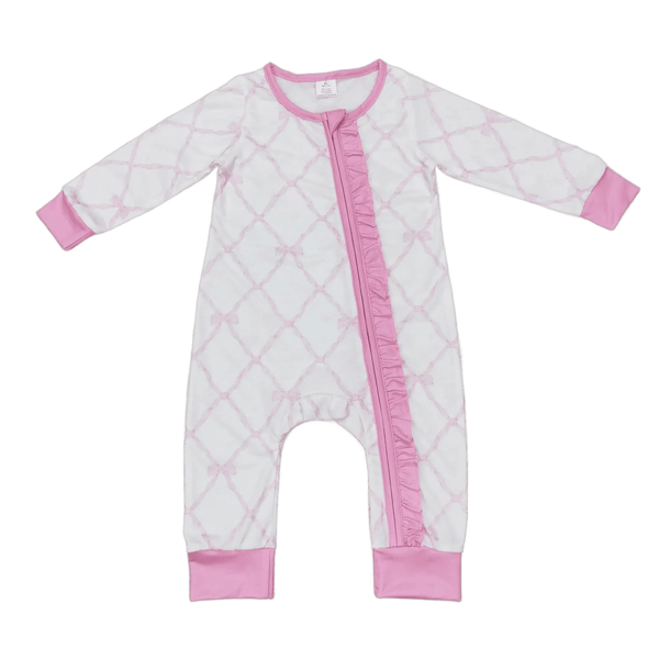 Bow Print Baby Footies Pink Cozy Cotton Sleeper - The Palm Beach Baby