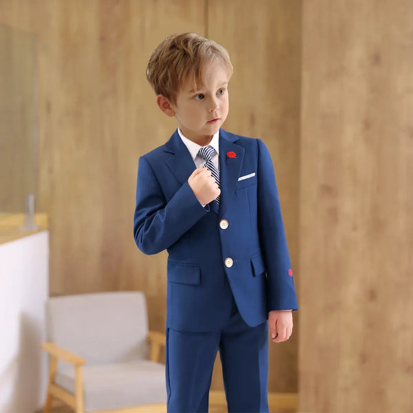 boys 3 piece suit with rose lapel in navy blue for toddlers with striped tie