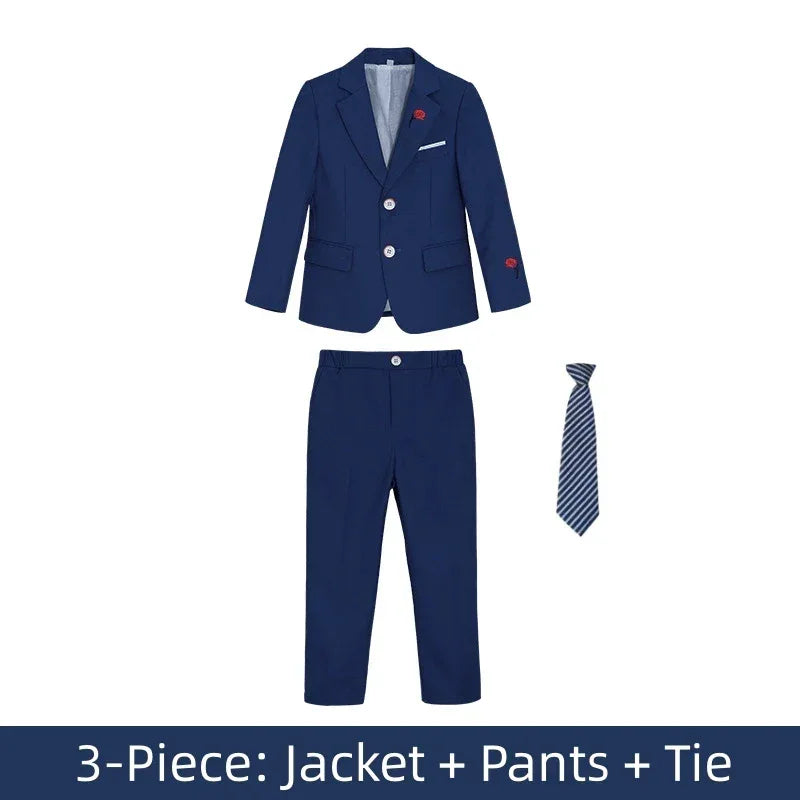 boys 3 piece suit with rose lapel navy blue jacket pants and striped tie for kids