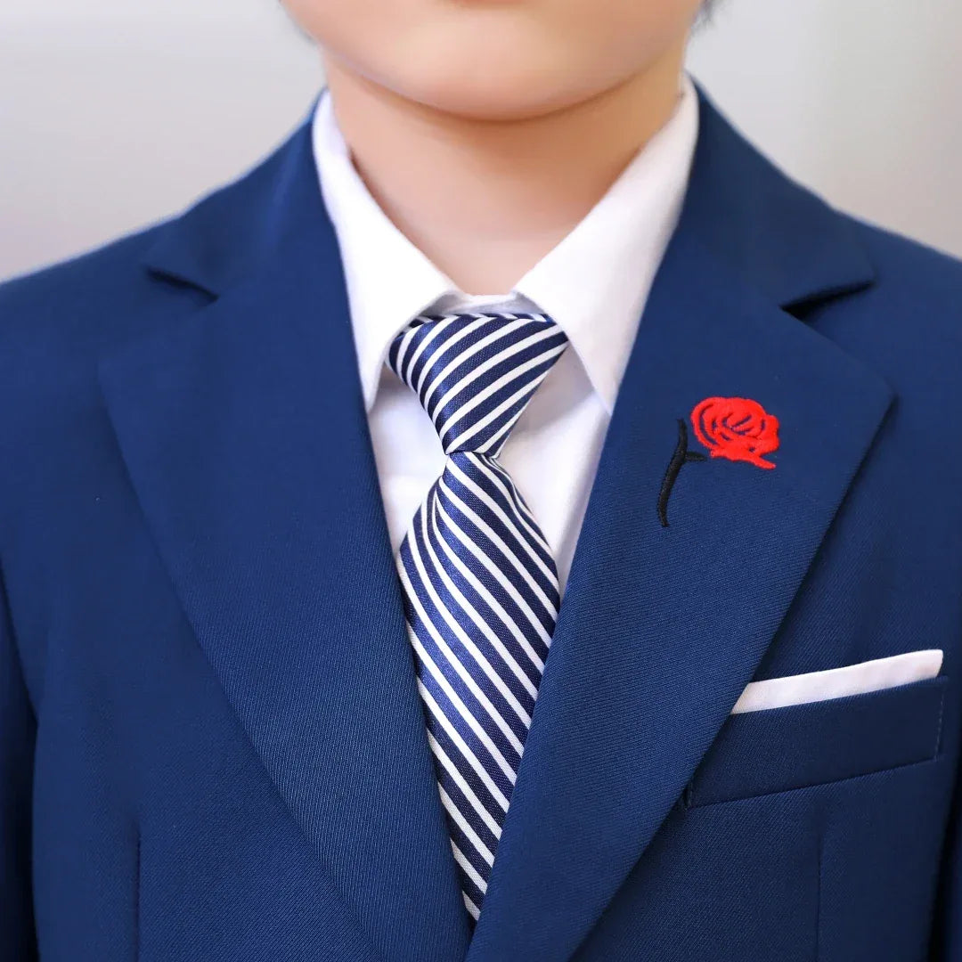 boys 3 piece suit with rose lapel navy blue size for kids with red rose detail