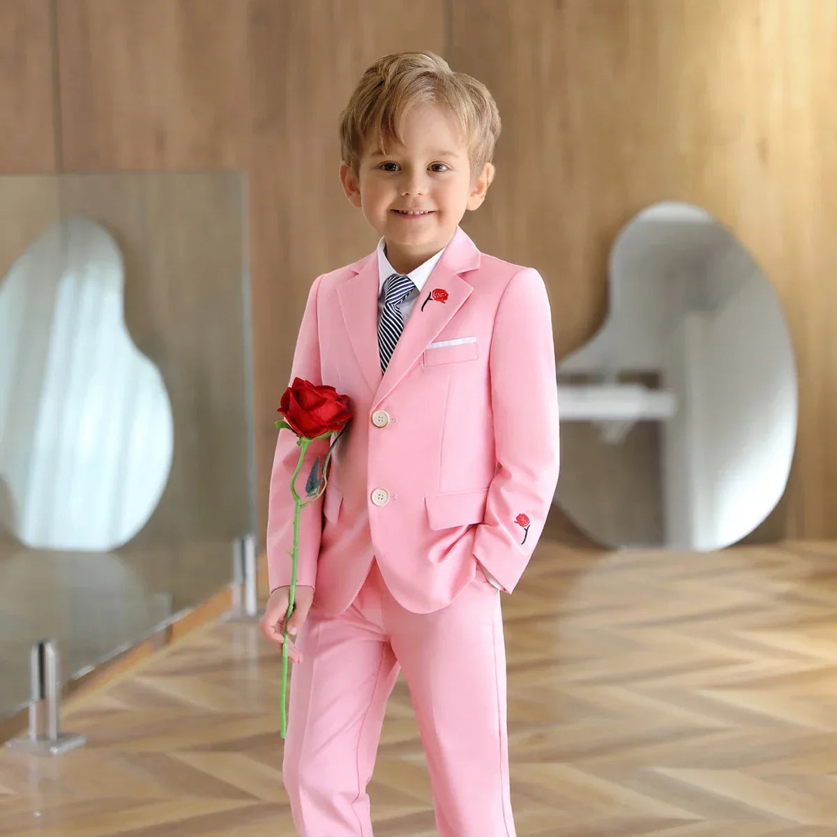 boys 3 piece suit with rose lapel pink color for kids with standout red rose lapel detail