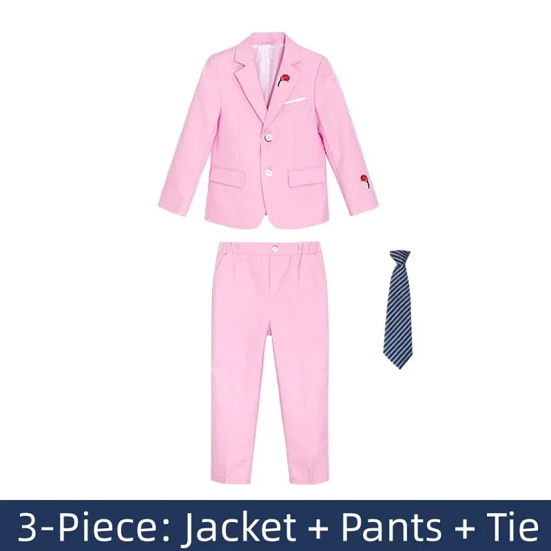 boys 3 piece suit with rose lapel pink jacket and pants with blue striped tie for kids
