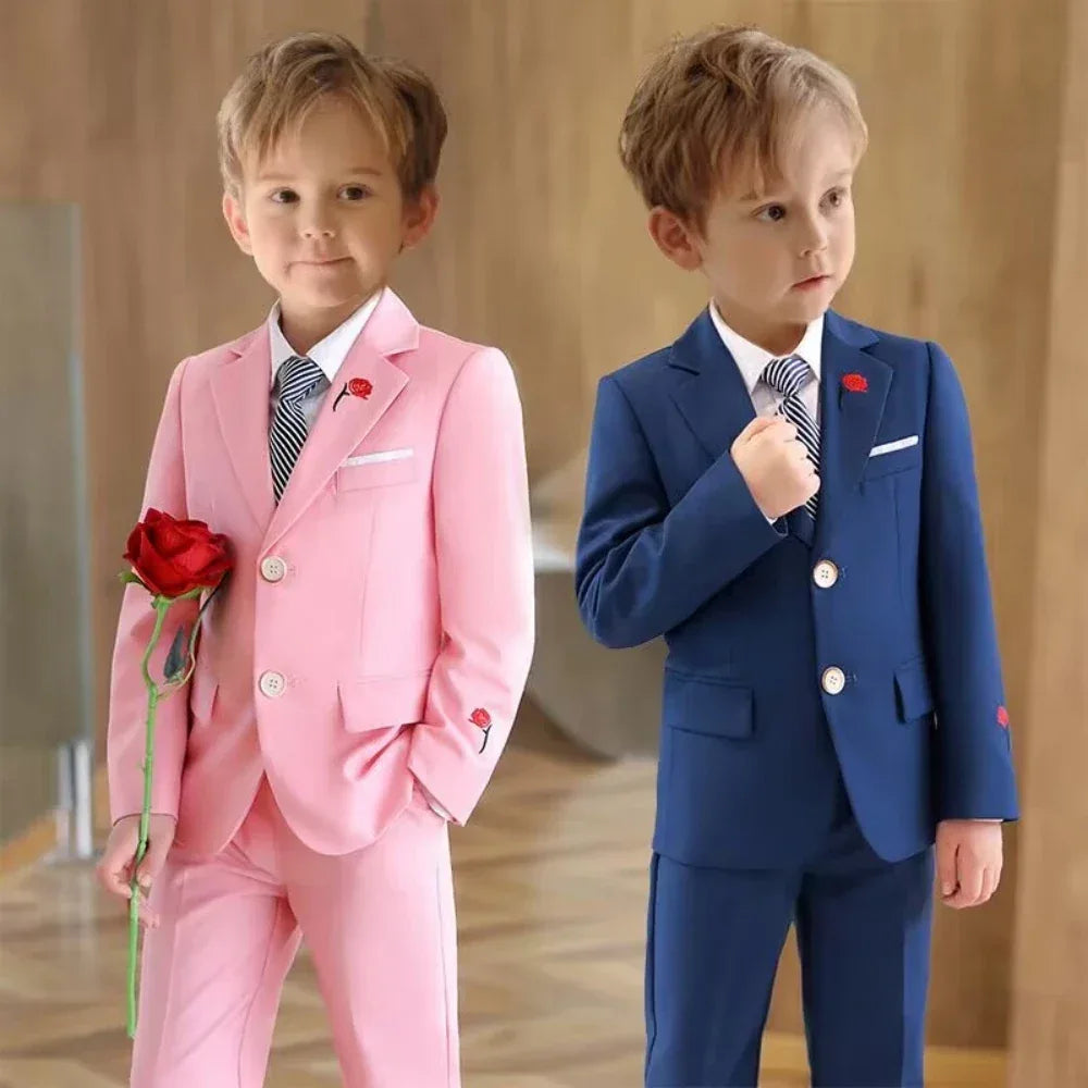 Boys 3 piece suit with rose lapel in pink and navy for toddlers, formal style with striped tie