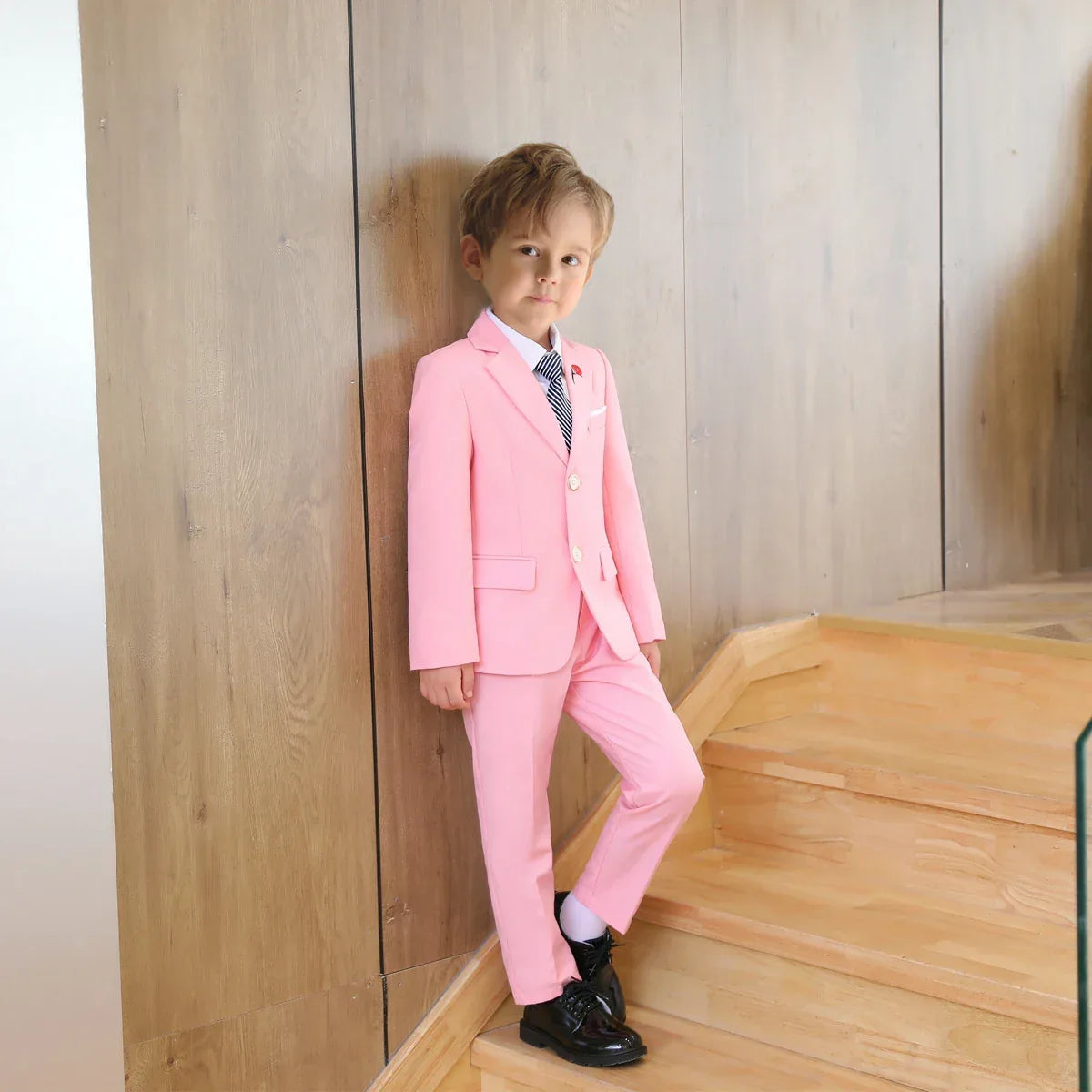 boys 3 piece suit with rose lapel in pink color for toddlers with black shoes