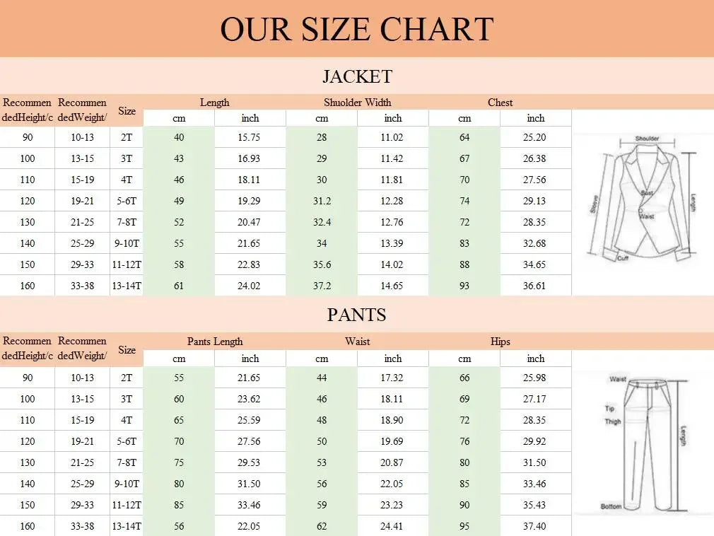 boys 3 piece suit with rose lapel size chart including jacket and pants measurements for ages 2T to 13-14T