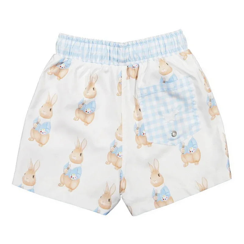 boys bunny swim trunks white with blue bunnies and blue checkered back pocket, toddler size