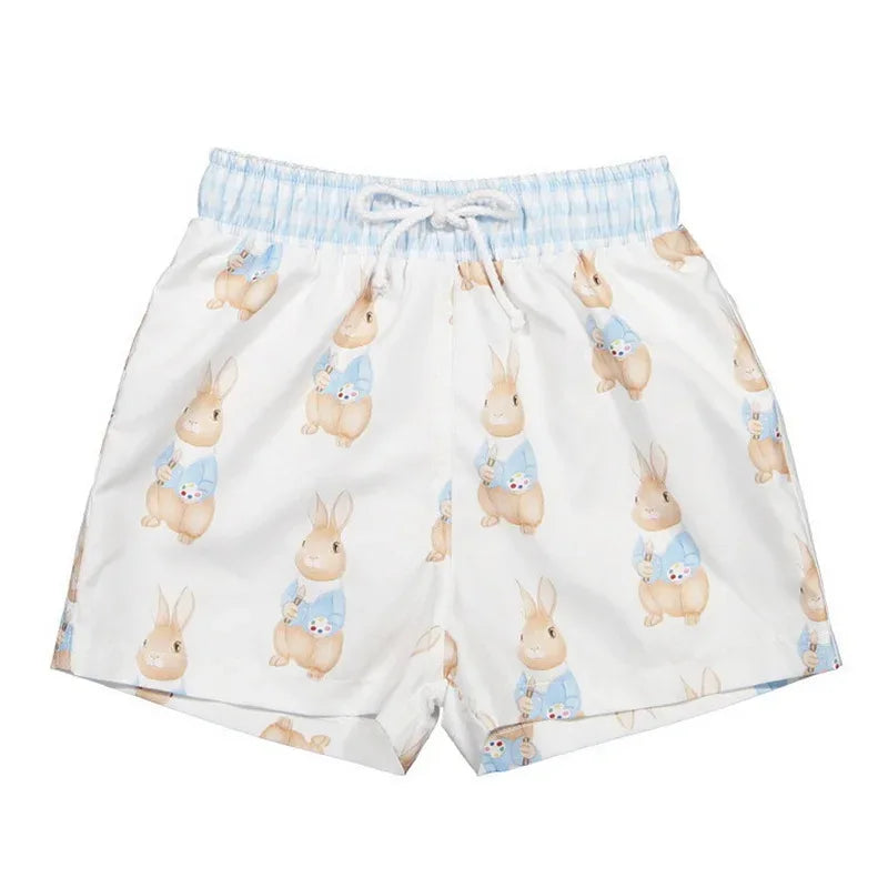 boys bunny swim trunks white with blue bunnies, elastic waistband, toddler size