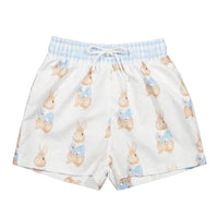 boys bunny swim trunks white with blue bunnies, elastic waistband, toddler size