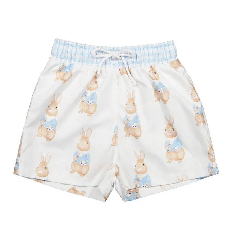 Boys bunny swim trunks in white with cute bunny print and elastic waistband for toddlers