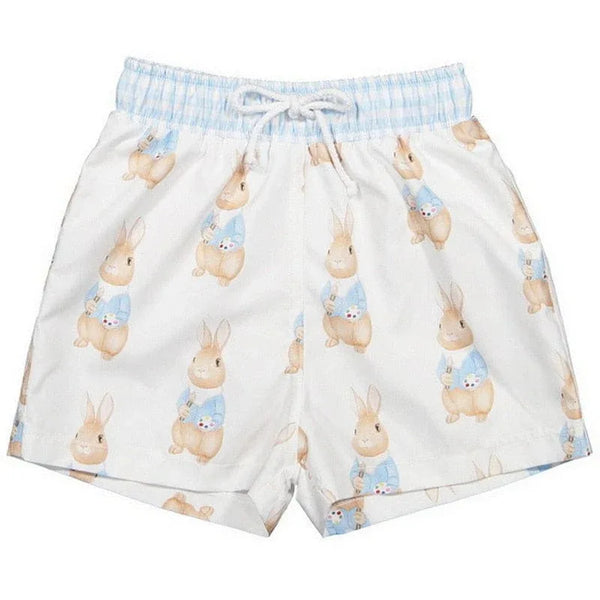 boys bunny swim trunks white with blue waistband and cute brown bunny print for toddlers