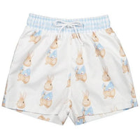 boys bunny swim trunks white with blue waistband featuring cute bunny print for toddlers