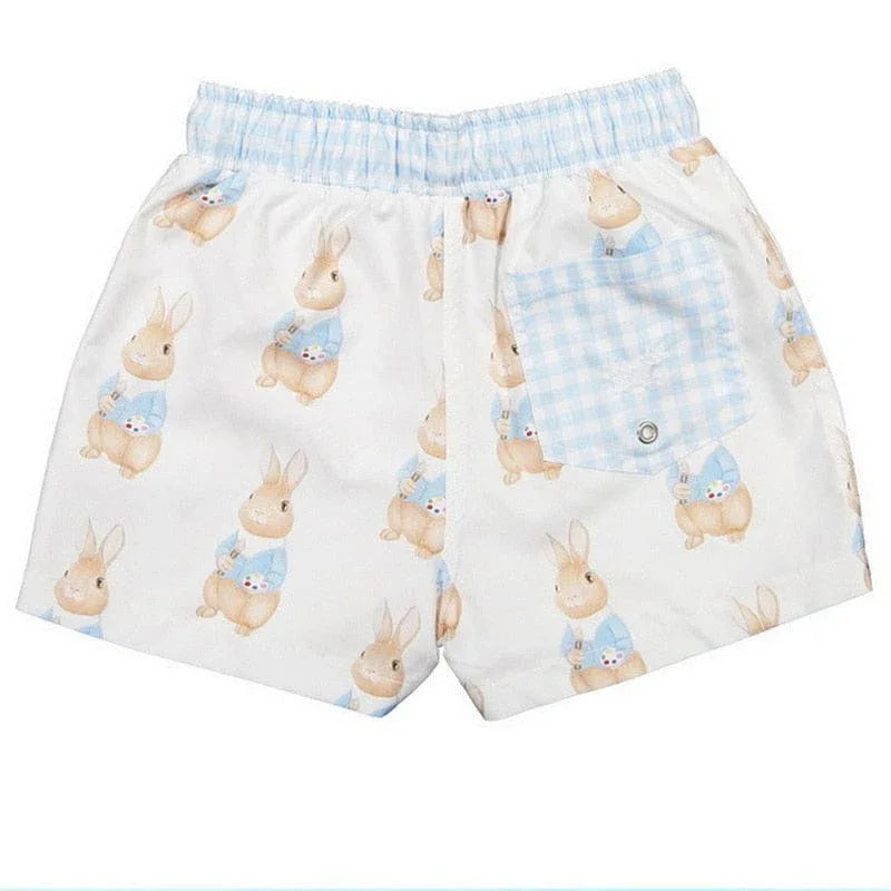 Boys bunny swim trunks white with blue checked waistband and pocket in toddler size