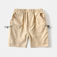 Beige boys cargo shorts with pockets for toddlers featuring elastic waistband and drawstring details