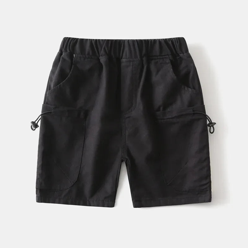 Black boys cargo shorts with pockets for toddlers featuring elastic waistband and side adjustable ties