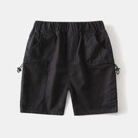 Black boys cargo shorts with pockets for toddlers featuring elastic waistband and side adjustable ties