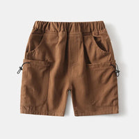 Brown boys cargo shorts with pockets for toddlers with elastic waistband on white background