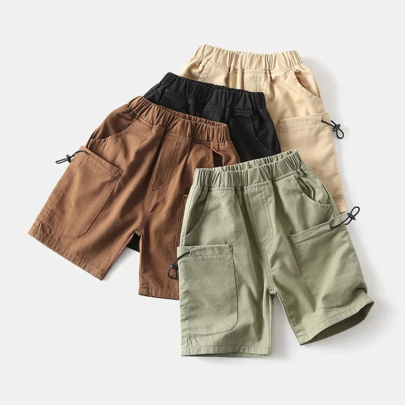 Four pairs of boys cargo shorts with pockets in beige black brown and green for toddlers and kids