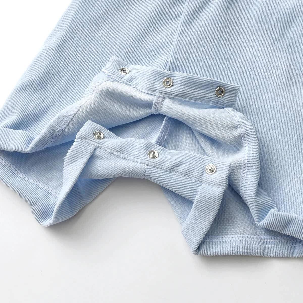 Light blue boys embroidered romper set with snap buttons for easy diaper changes