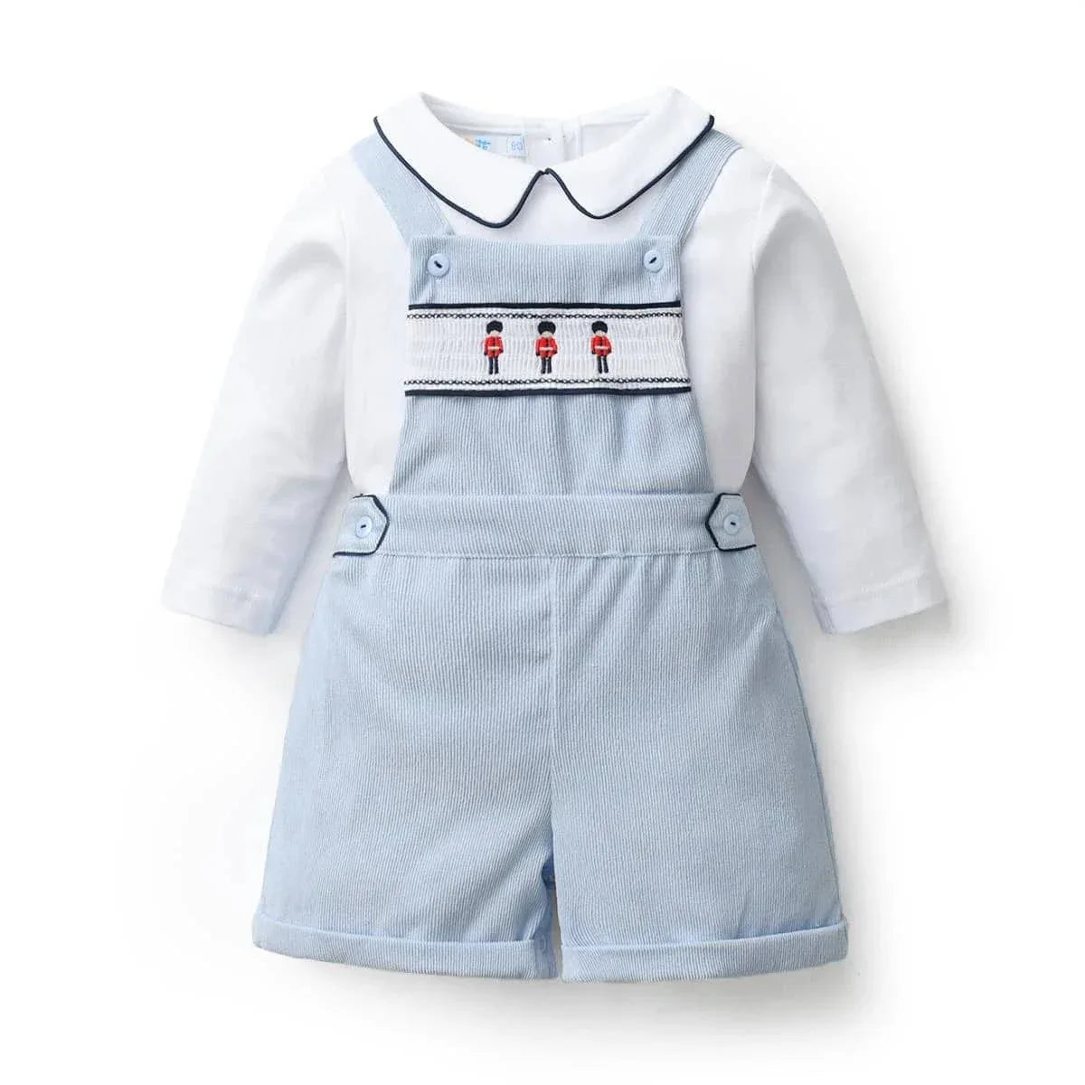 blue boys embroidered romper set with white, long-sleeve shirt featuring soldier embroidery for infants