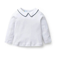white long sleeve shirt with black trimmed collar boys embroidered romper set for infants