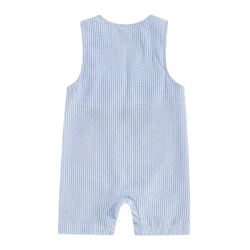 baby boys golf romper in light blue with white stripes laid flat showing back view