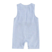 baby boys golf romper in light blue with white stripes laid flat showing back view